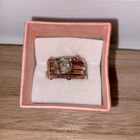 ✅Stacked silver (925) & plated rings w/ centre flower & pink CZ stone. 🌸 - Picture 5 of 8